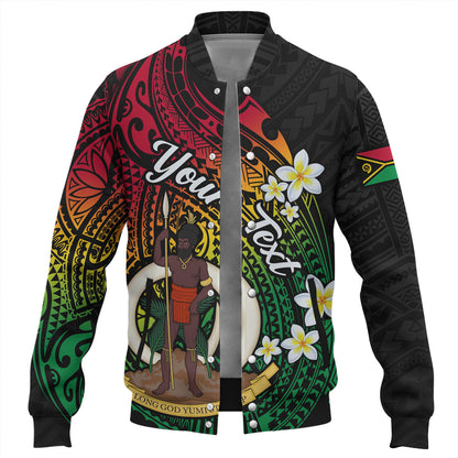 Vanuatu Baseball Jacket Custom Plumeria Flowers Tribal Motif Flag Color Design