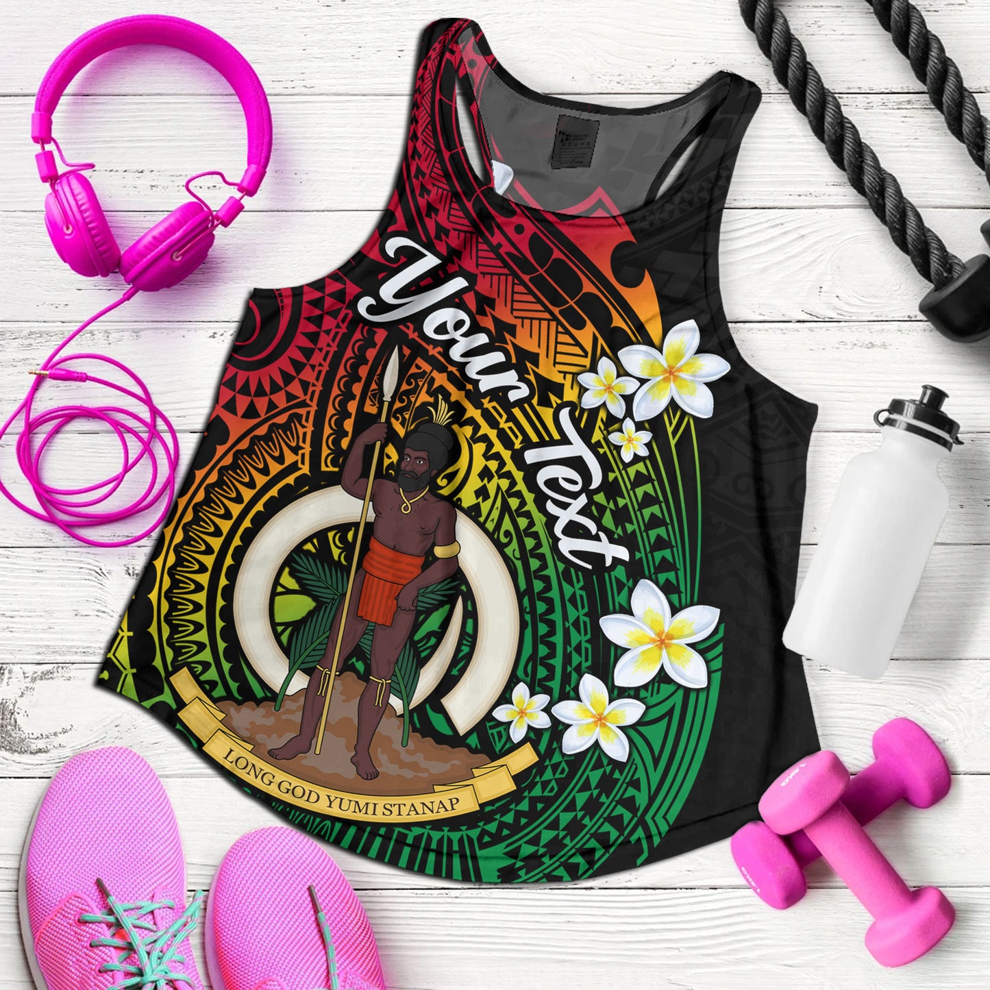 Vanuatu Women Tank Custom Plumeria Flowers Tribal Motif Flag Color Design