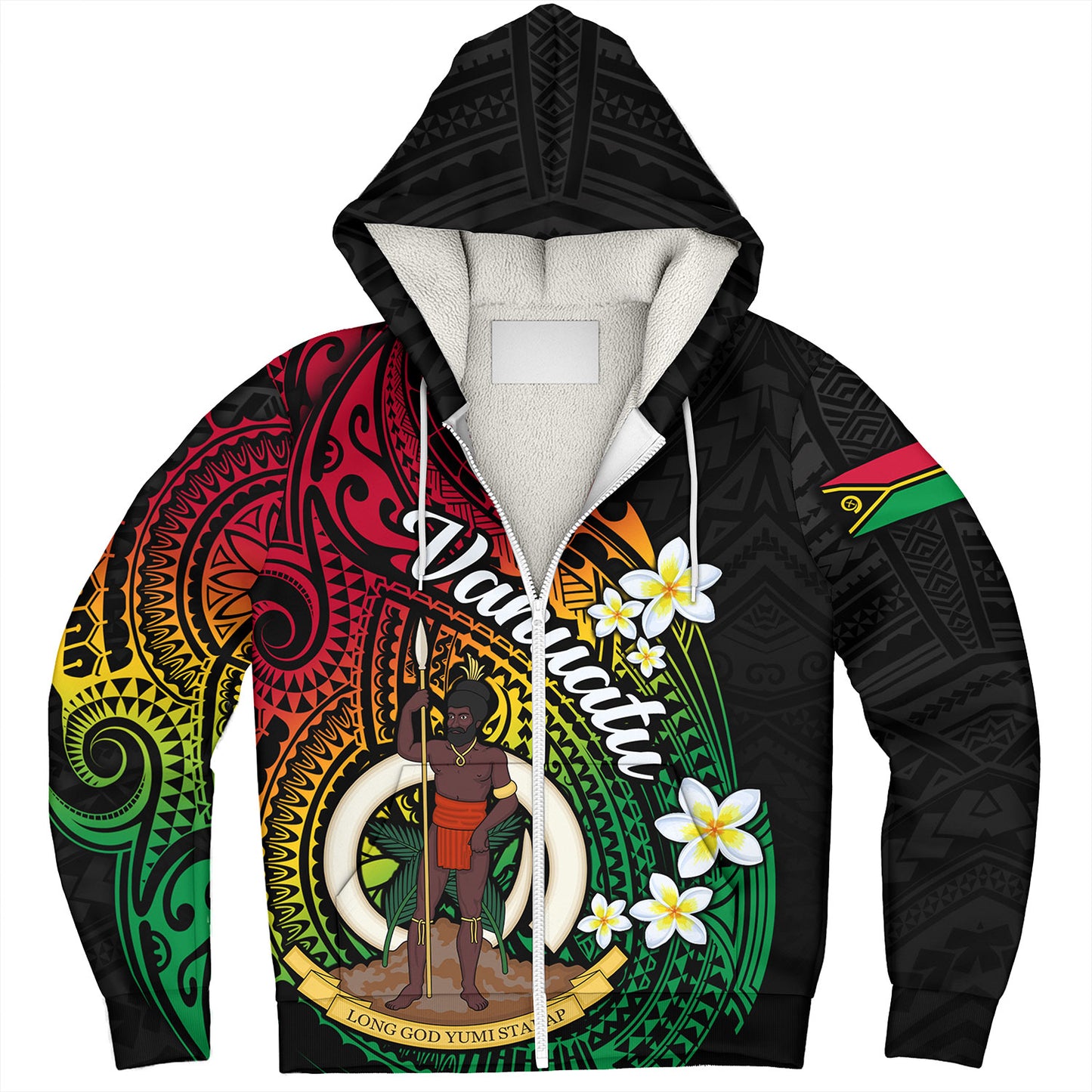 Vanuatu Sherpa Hoodie Custom Plumeria Flowers Tribal Motif Flag Color Design