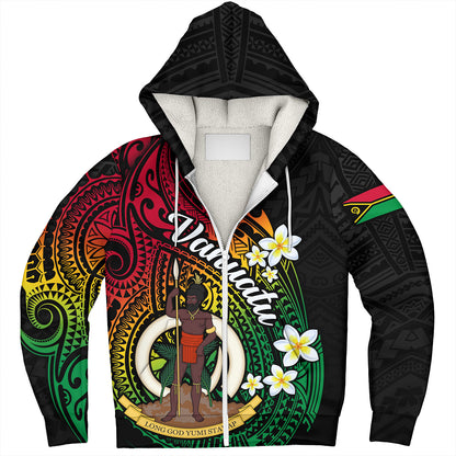 Vanuatu Sherpa Hoodie Custom Plumeria Flowers Tribal Motif Flag Color Design