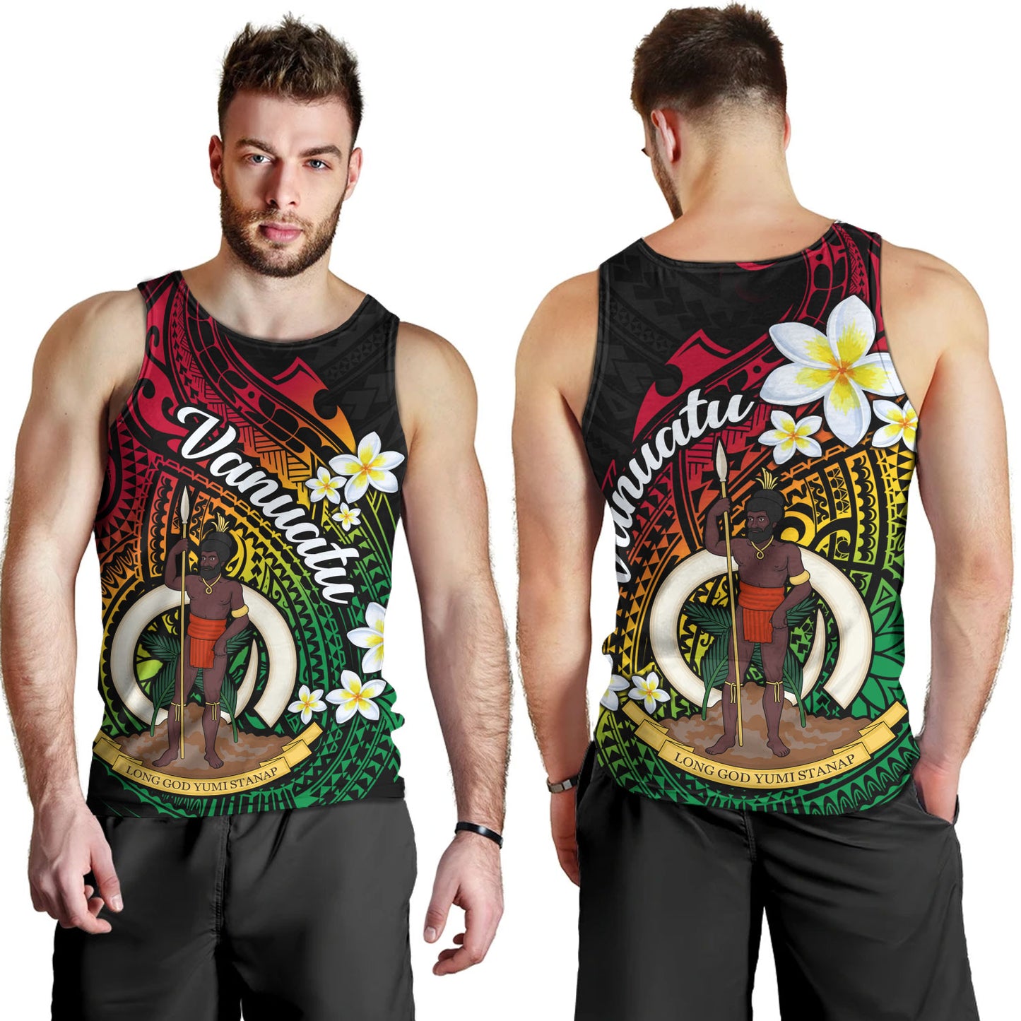 Vanuatu Tank Top Custom Plumeria Flowers Tribal Motif Flag Color Design