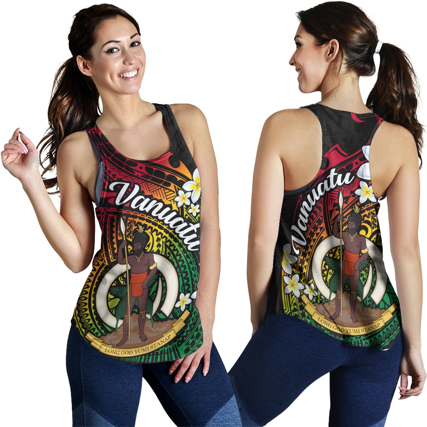 Vanuatu Women Tank Custom Plumeria Flowers Tribal Motif Flag Color Design