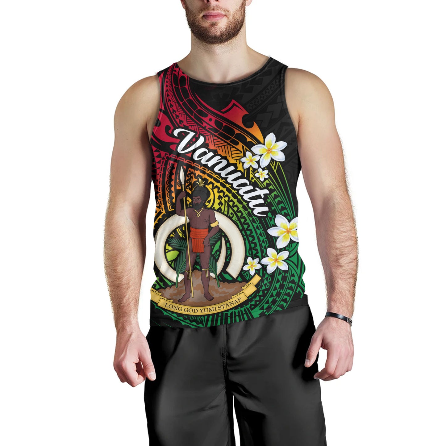 Vanuatu Tank Top Custom Plumeria Flowers Tribal Motif Flag Color Design