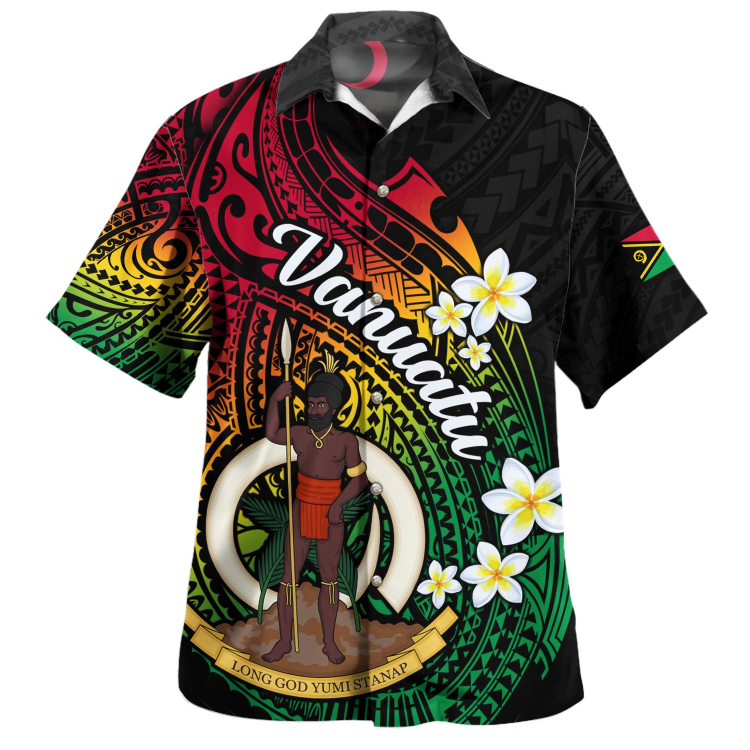 Vanuatu Hawaiian Shirt Custom Plumeria Flowers Tribal Motif Flag Color Design