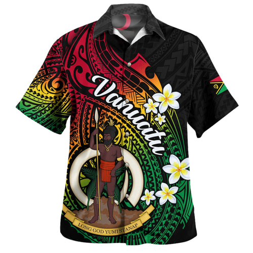 Vanuatu Hawaiian Shirt Custom Plumeria Flowers Tribal Motif Flag Color Design