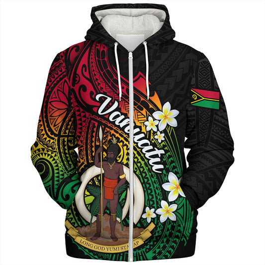 Vanuatu Sherpa Hoodie Custom Plumeria Flowers Tribal Motif Flag Color Design