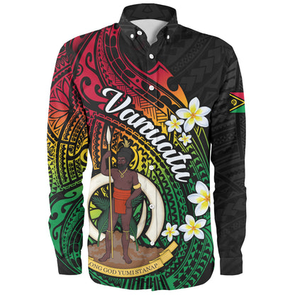 Vanuatu Long Sleeve Shirt Custom Plumeria Flowers Tribal Motif Flag Color Design