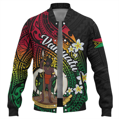 Vanuatu Baseball Jacket Custom Plumeria Flowers Tribal Motif Flag Color Design