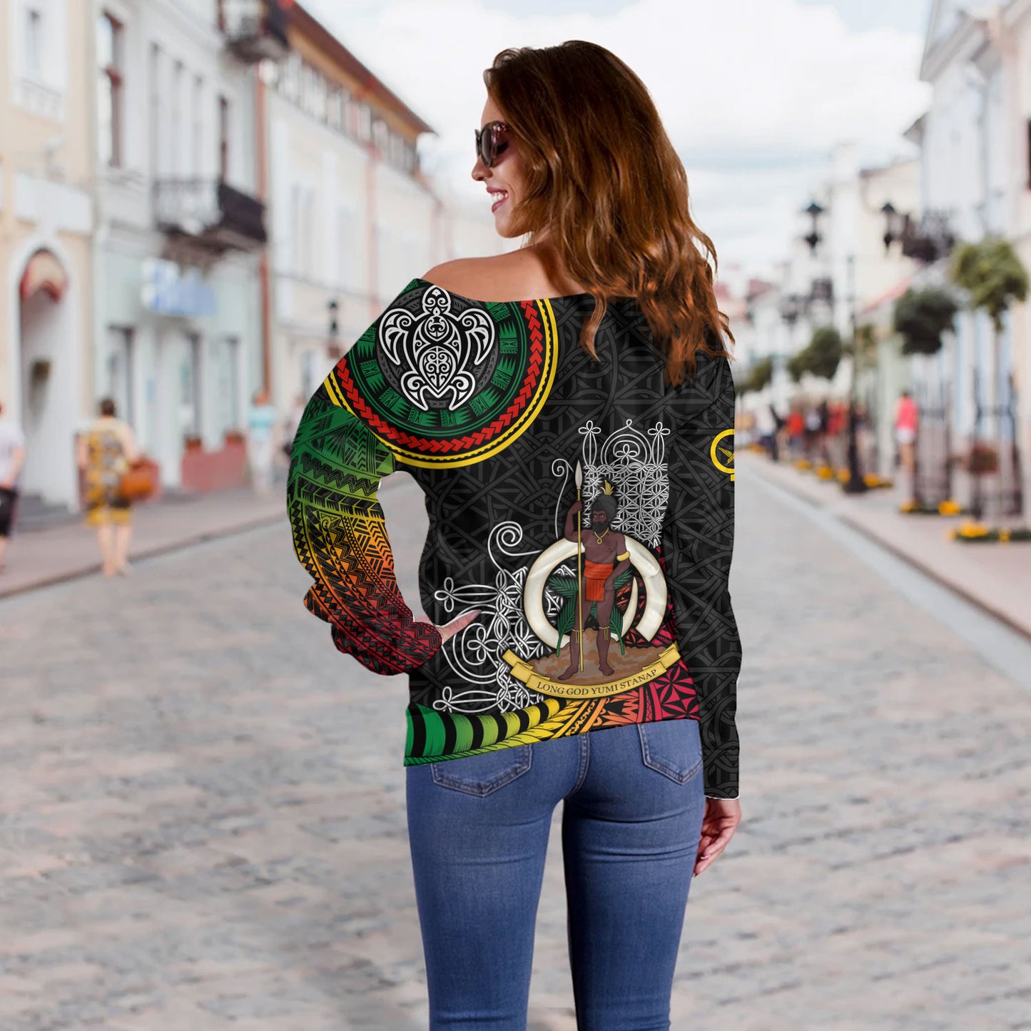 Vanuatu Off Shoulder Sweatshirt Custom Seal With Mutis En Atan Patterns
