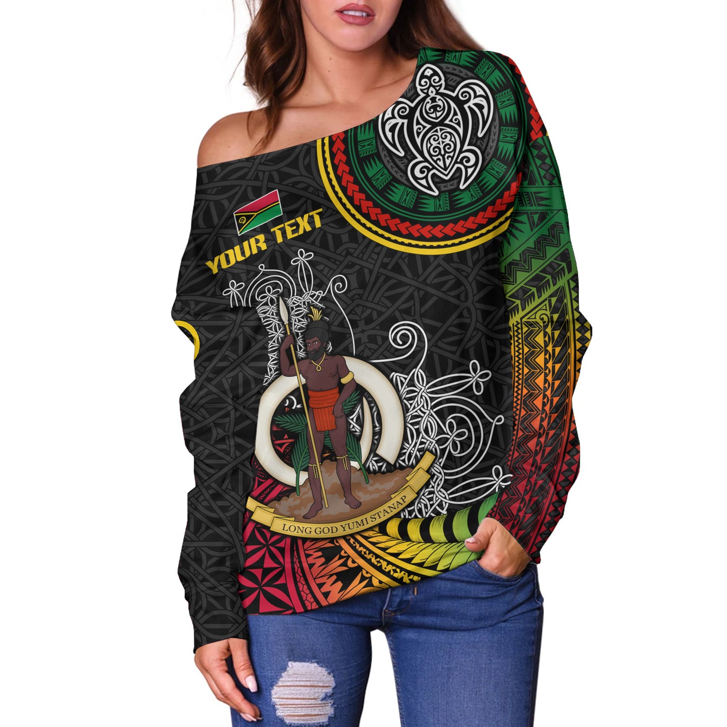 Vanuatu Off Shoulder Sweatshirt Custom Seal With Mutis En Atan Patterns