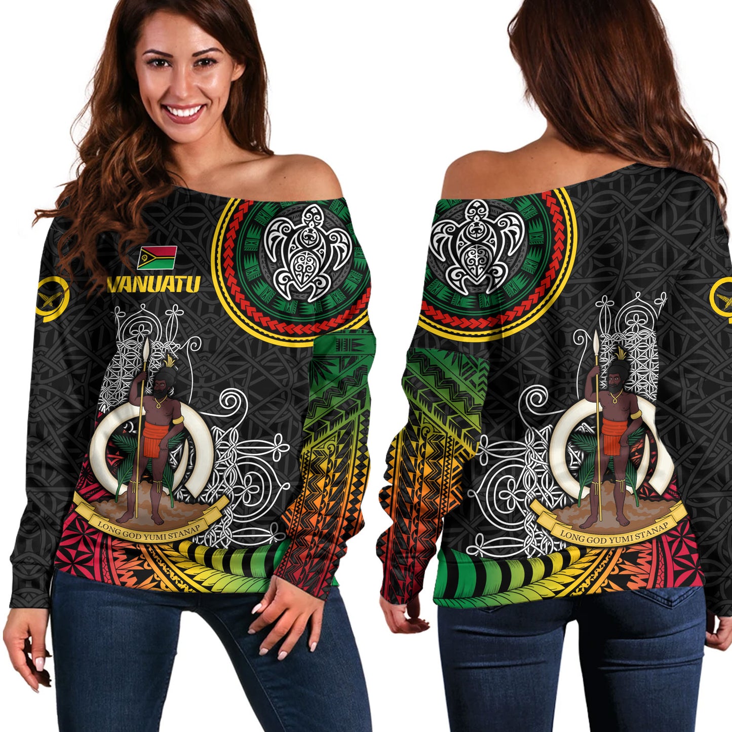 Vanuatu Off Shoulder Sweatshirt Custom Seal With Mutis En Atan Patterns