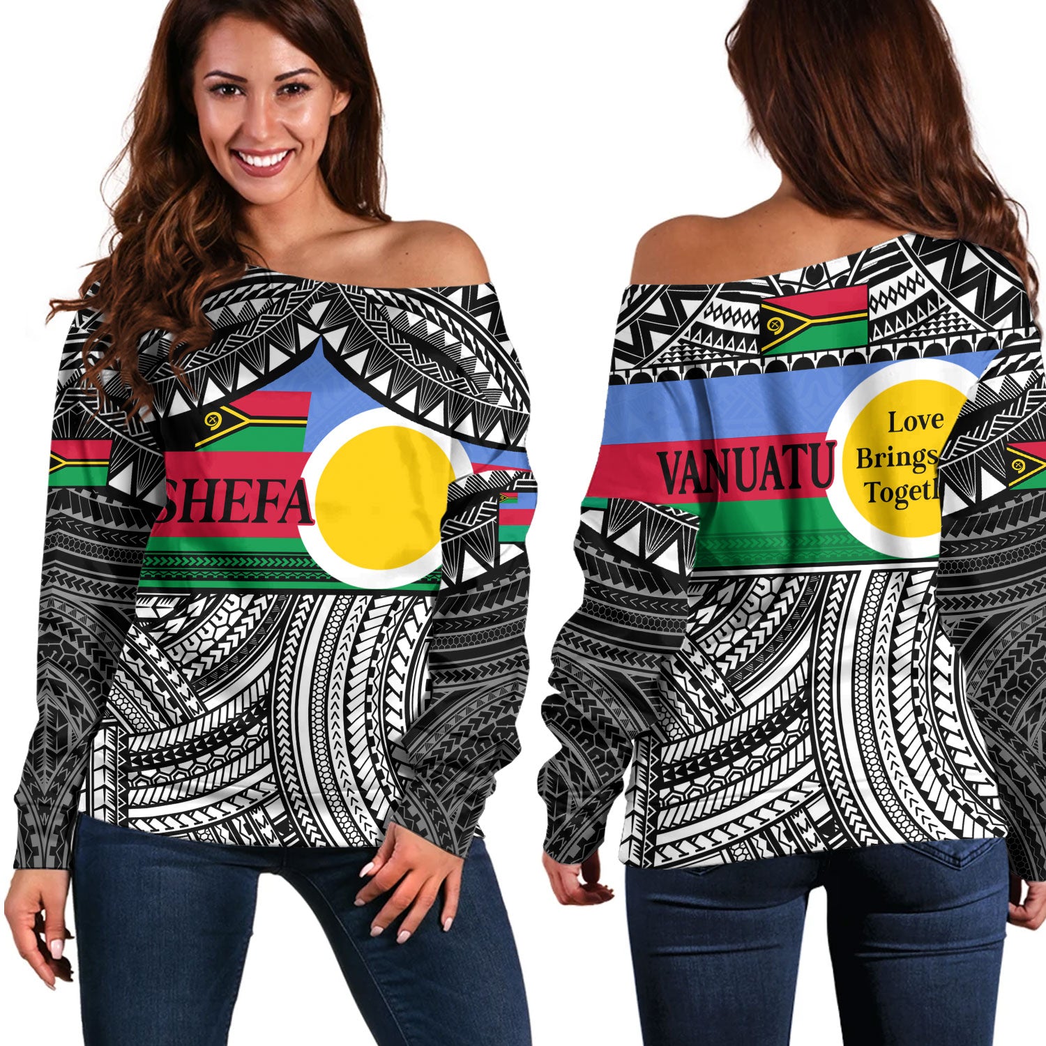 Vanuatu Off Shoulder Sweatshirt - Custom Shefa Tribal Pattern Mix Flag
