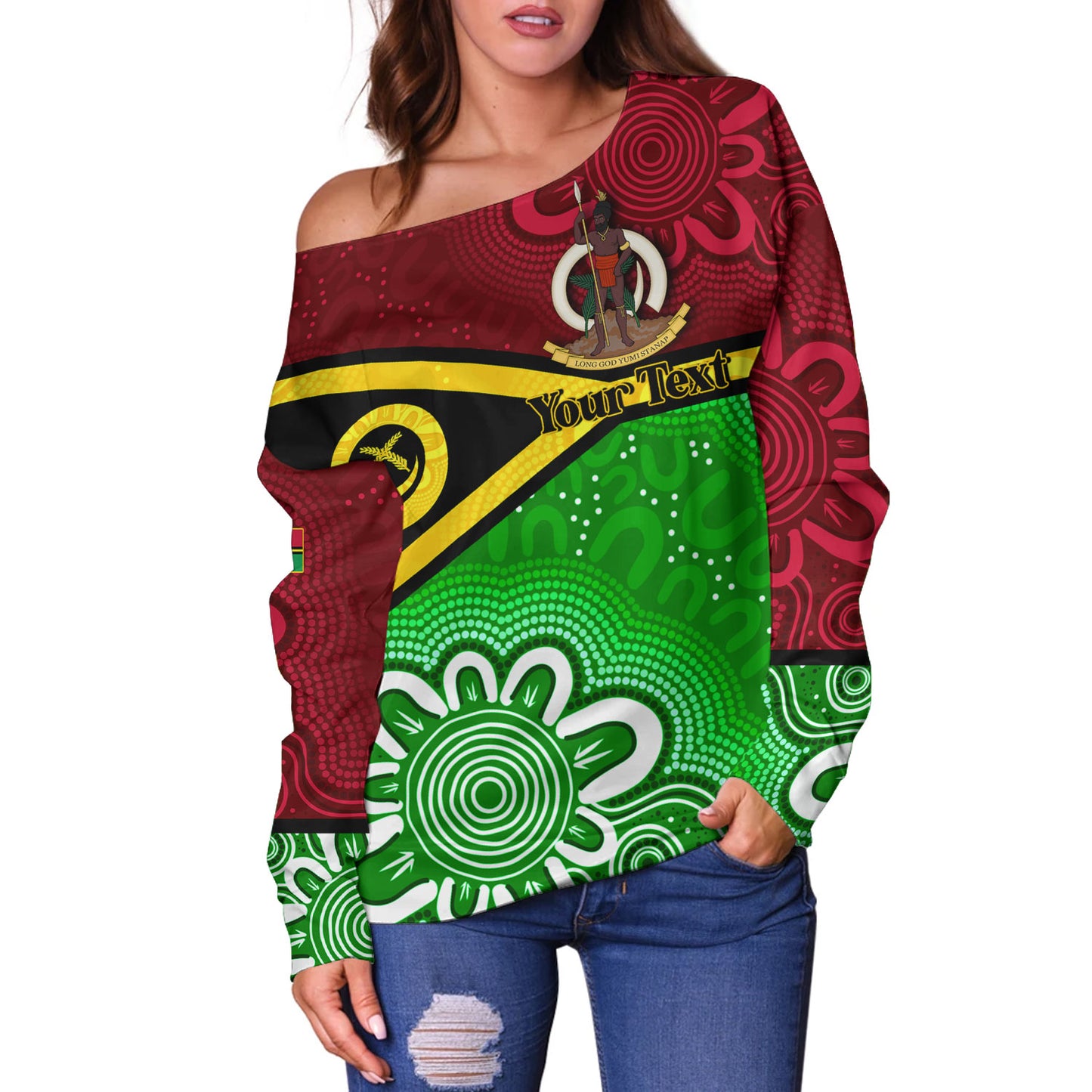 Vanuatu Custom Personalised Off Shoulder Sweatshirt Vanuatu Seal With Aboriginal Patterns Style