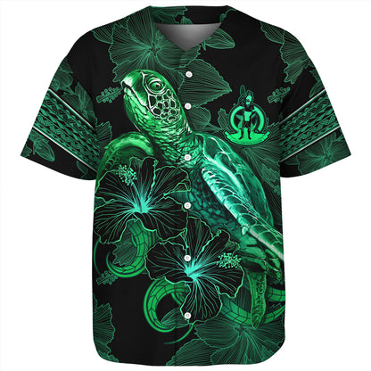 Vanuatu Baseball Shirt  Sea Turtle With Blooming Hibiscus Flowers Tribal Green