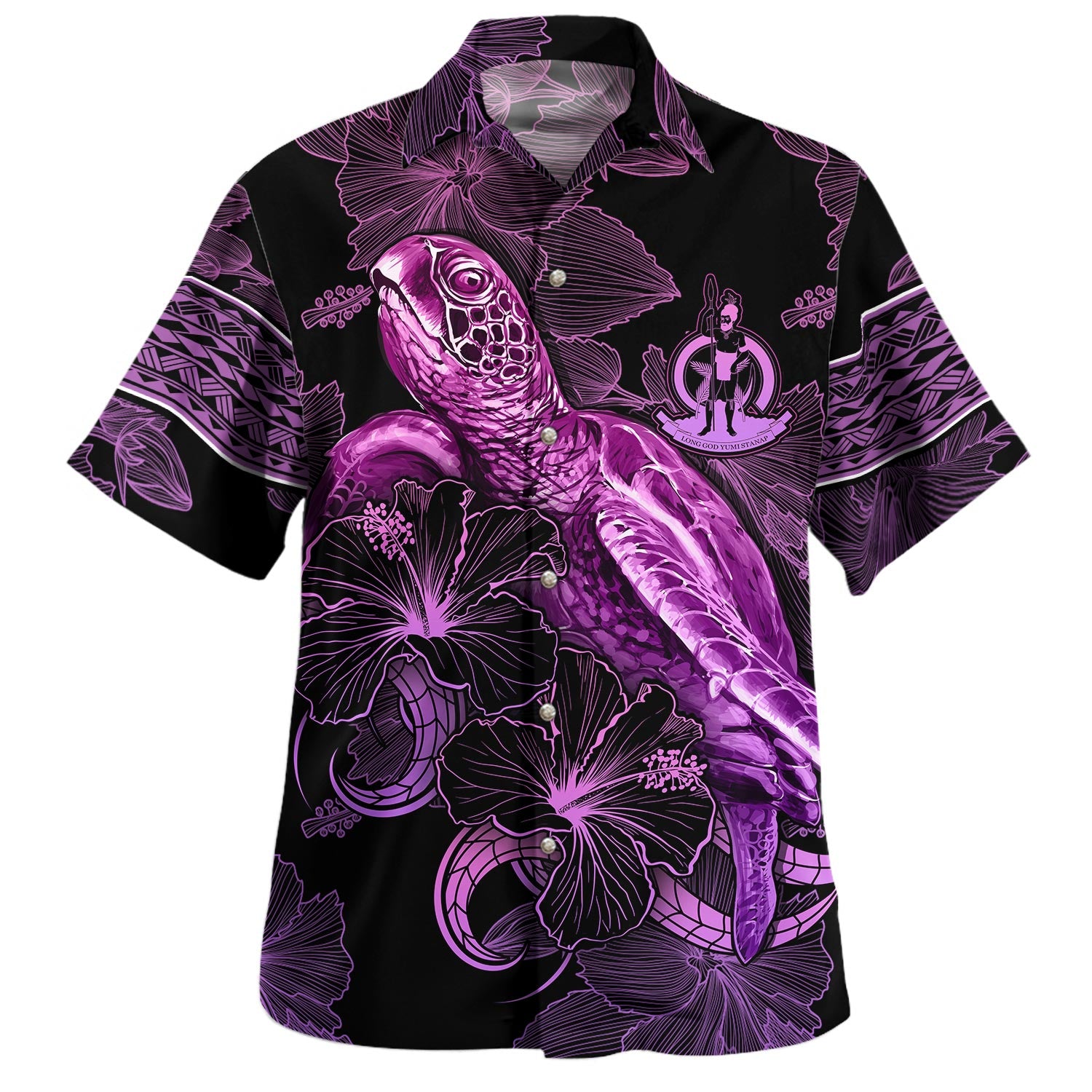 Fiji Hawaiian Shirt Sea Turtle With Blooming Hibiscus Flowers Tribal Purple