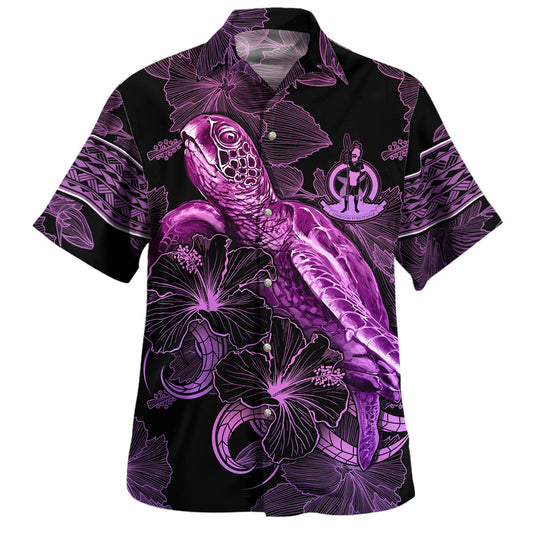 Fiji Hawaiian Shirt Sea Turtle With Blooming Hibiscus Flowers Tribal Purple