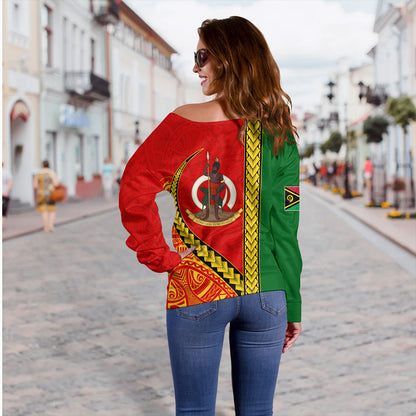 Vanuatu Off Shoulder Sweatshirt Tribal Melanesian Flag And Coat Of Arms