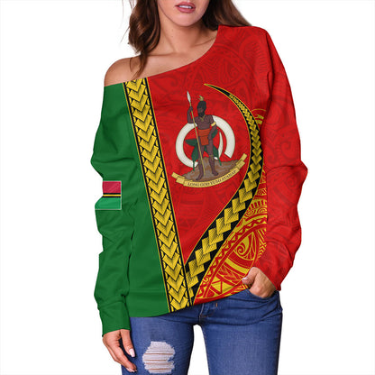 Vanuatu Off Shoulder Sweatshirt Tribal Melanesian Flag And Coat Of Arms