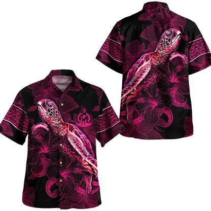 Vanuatu Hawaiian Shirt Sea Turtle With Blooming Hibiscus Flowers Tribal Maroon