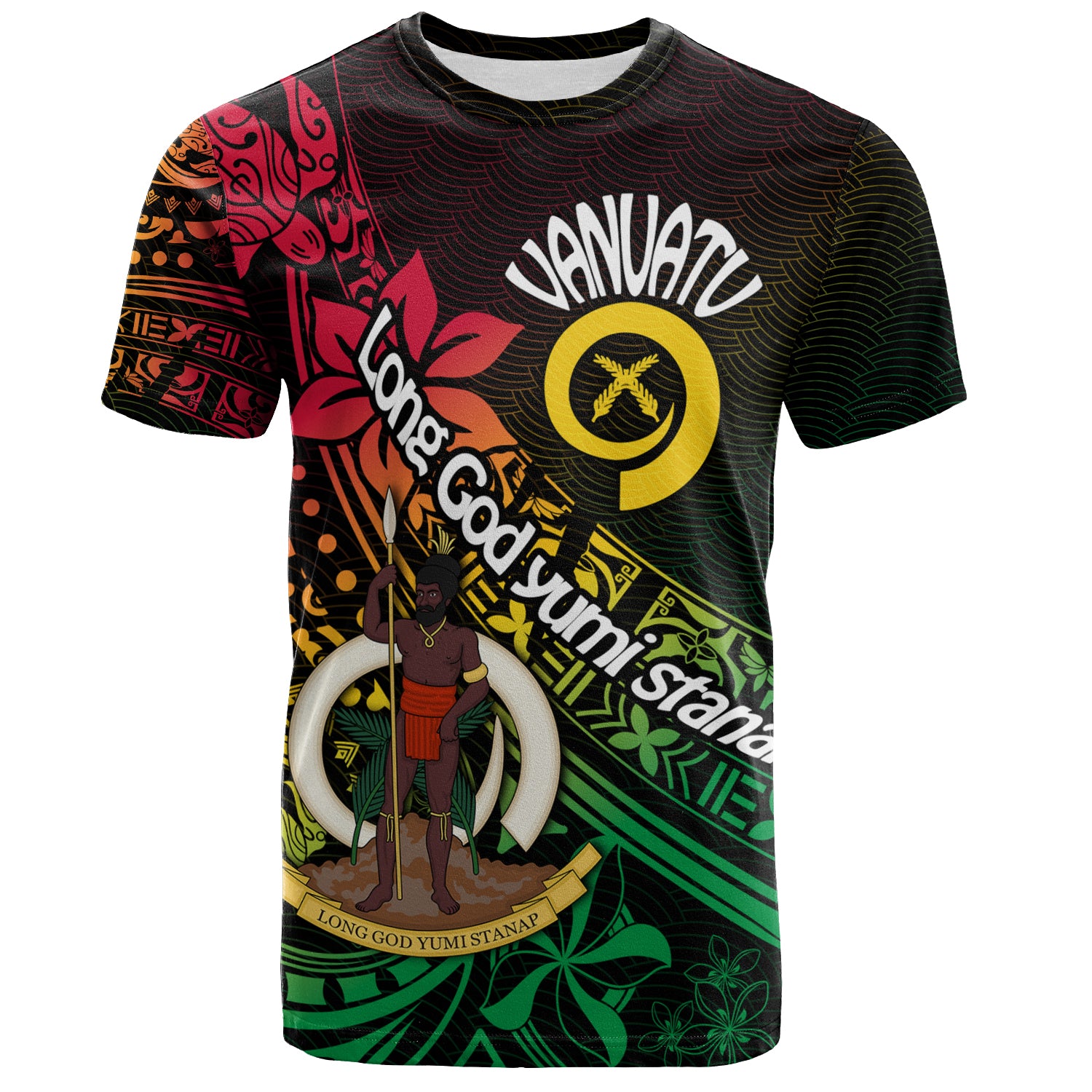 Vanuatu T-Shirt Long God Yumi Stanap Flag Color Tribal Patterns Style