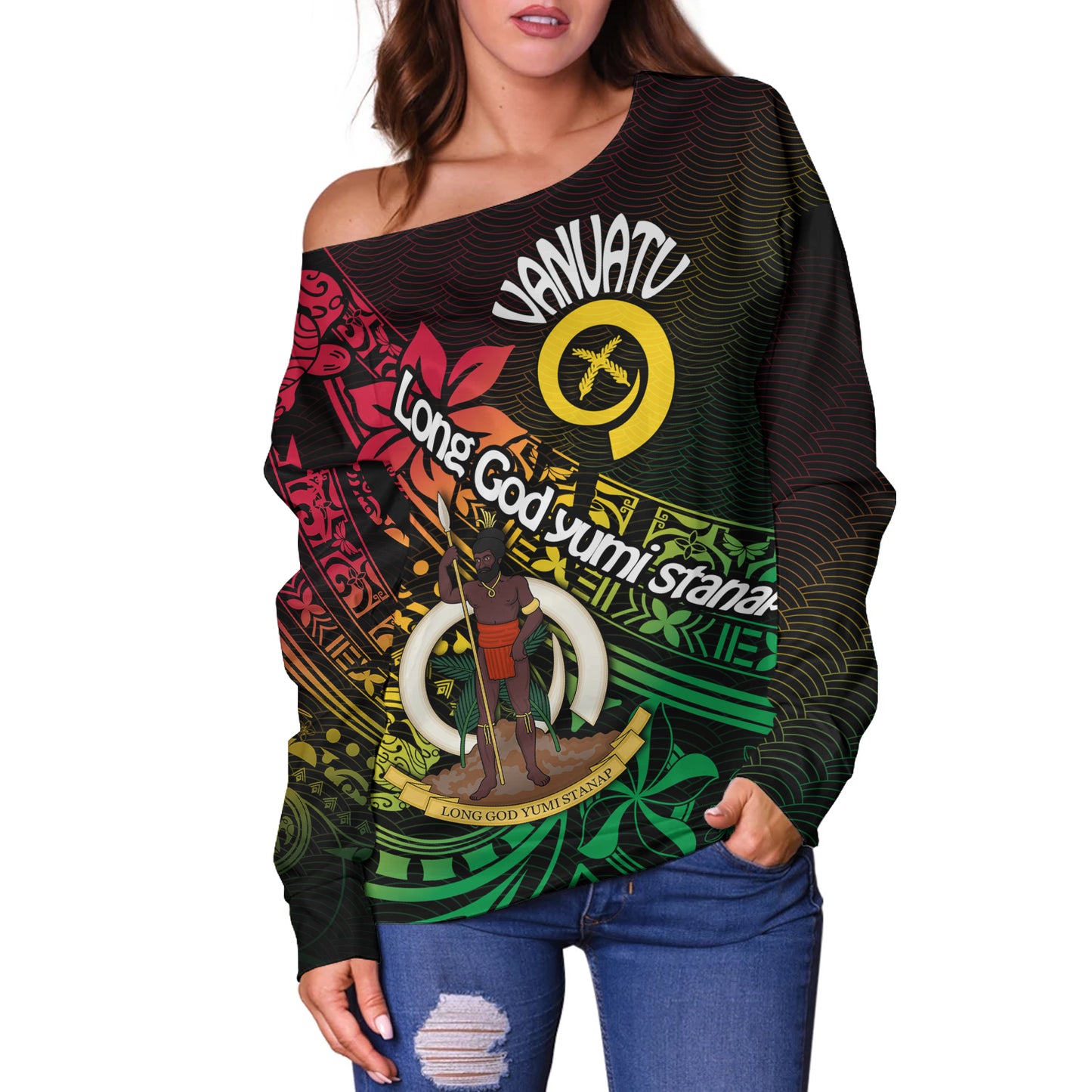 Vanuatu Off Shoulder Sweatshirt  Long God Yumi Stanap Flag Color Tribal Patterns Style
