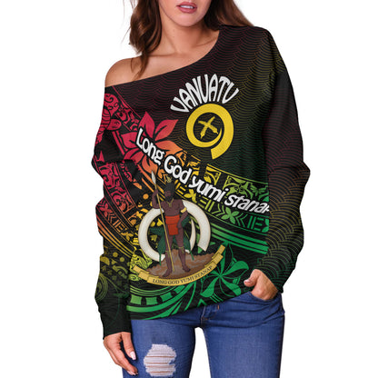 Vanuatu Off Shoulder Sweatshirt  Long God Yumi Stanap Flag Color Tribal Patterns Style