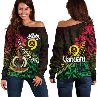 Vanuatu Off Shoulder Sweatshirt  Long God Yumi Stanap Flag Color Tribal Patterns Style