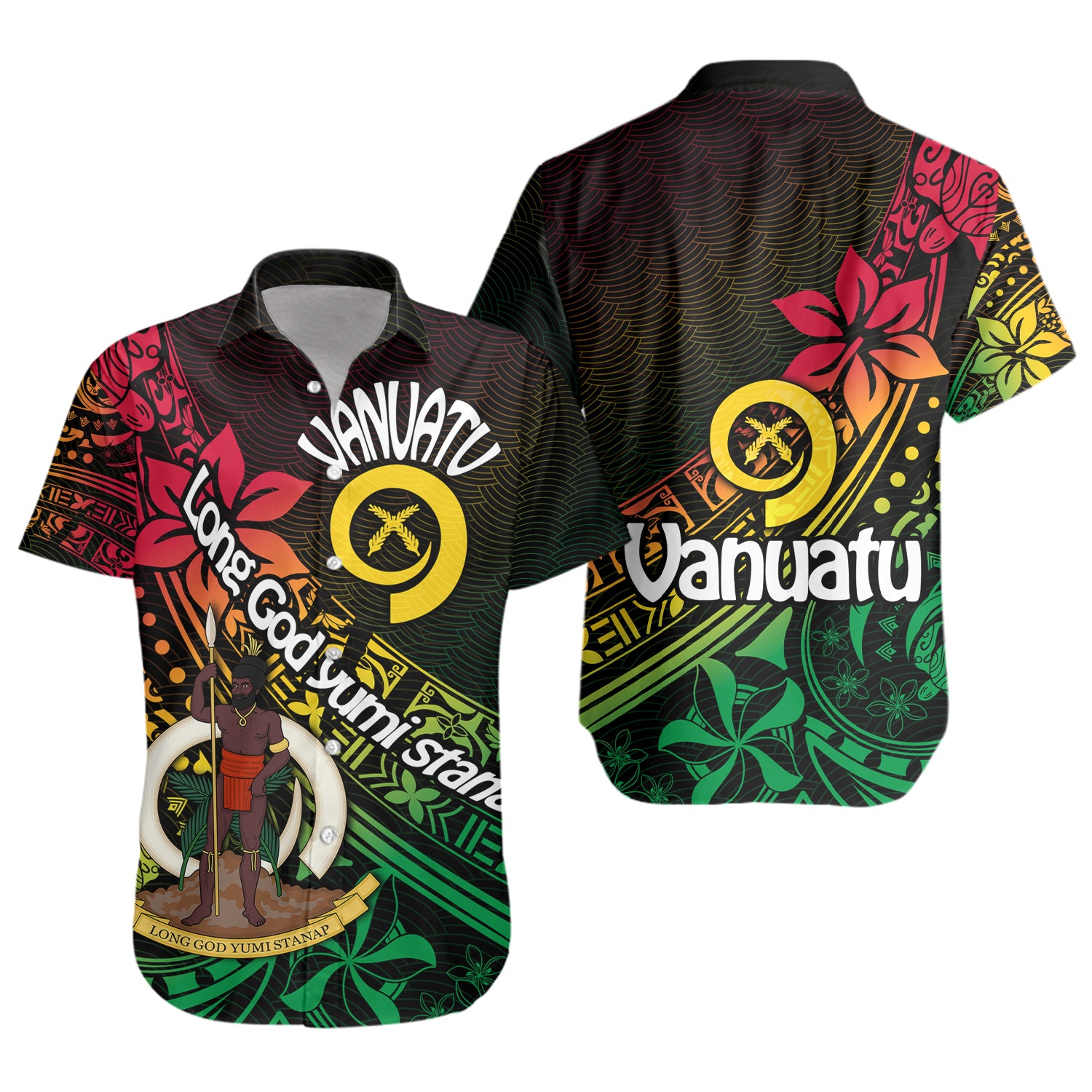 Vanuatu Short Sleeve Shirt Long God Yumi Stanap Flag Color Tribal Patterns Style