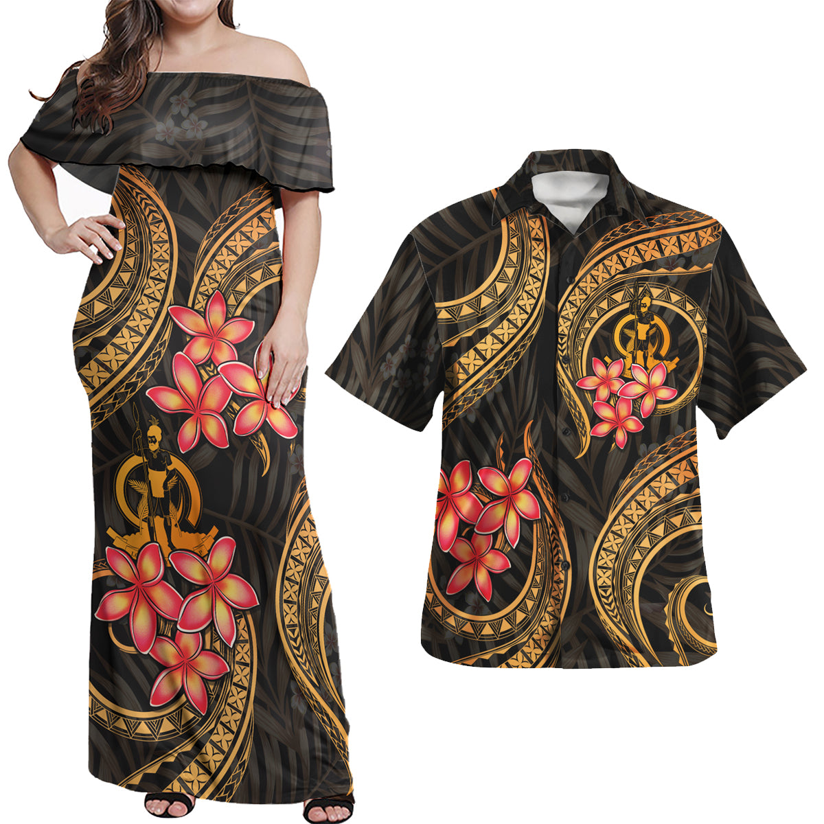 Vanuatu Polynesian Pattern Combo Dress And Shirt Gold Plumeria