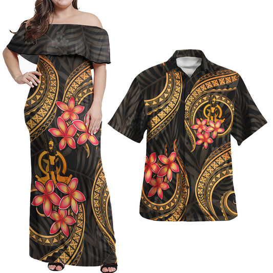 Vanuatu Polynesian Pattern Combo Dress And Shirt Gold Plumeria