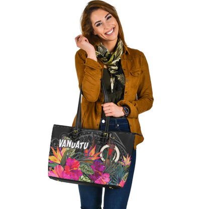 Vanuatu Custom Personalised Leather Tote Polynesian Hibiscus Pattern
