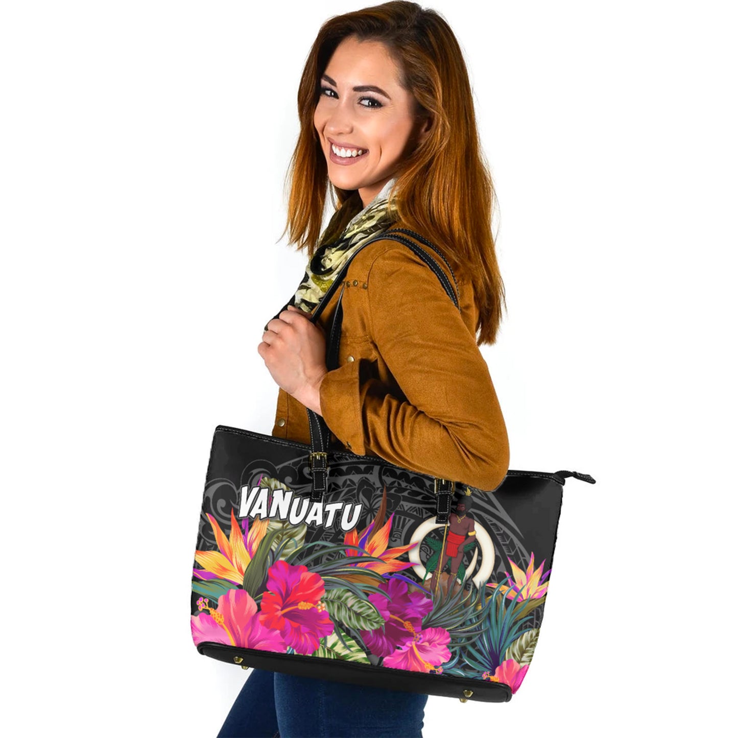Vanuatu Custom Personalised Leather Tote Polynesian Hibiscus Pattern