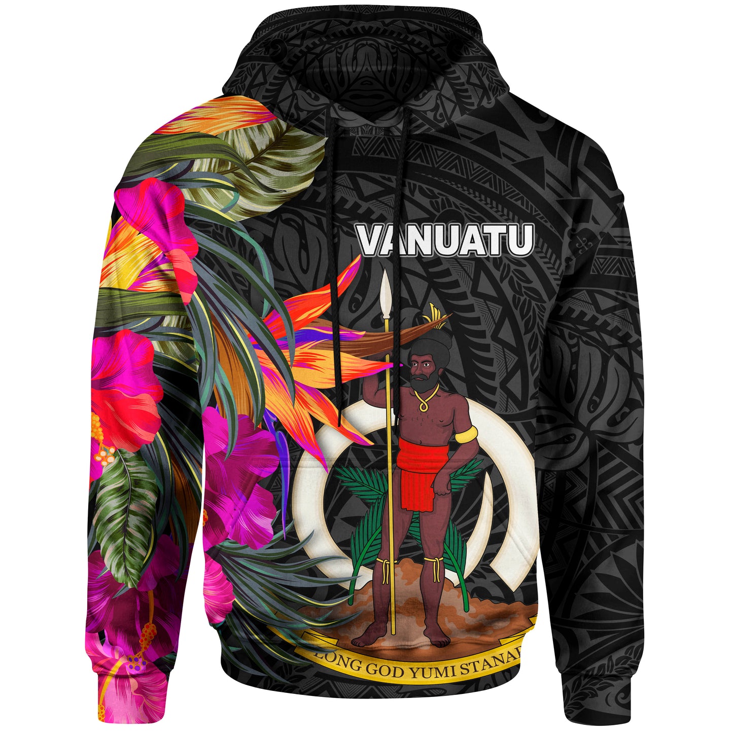 Vanuatu Hoodie Hibiscus Polynesian Black Pattern