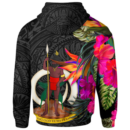 Vanuatu Hoodie Hibiscus Polynesian Black Pattern