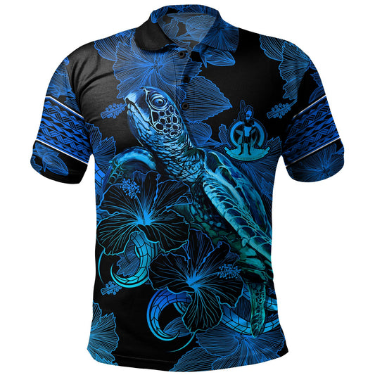 Vanuatu Polo Shirt Sea Turtle With Blooming Hibiscus Flowers Tribal Blue