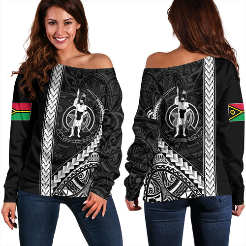 Vanuatu Off Shoulder Sweatshirt Tribal Melanesian Coat Of Arms