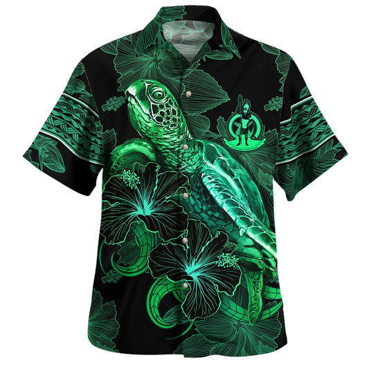 Vanuatu Hawaiian Shirt  Sea Turtle With Blooming Hibiscus Flowers Tribal Green