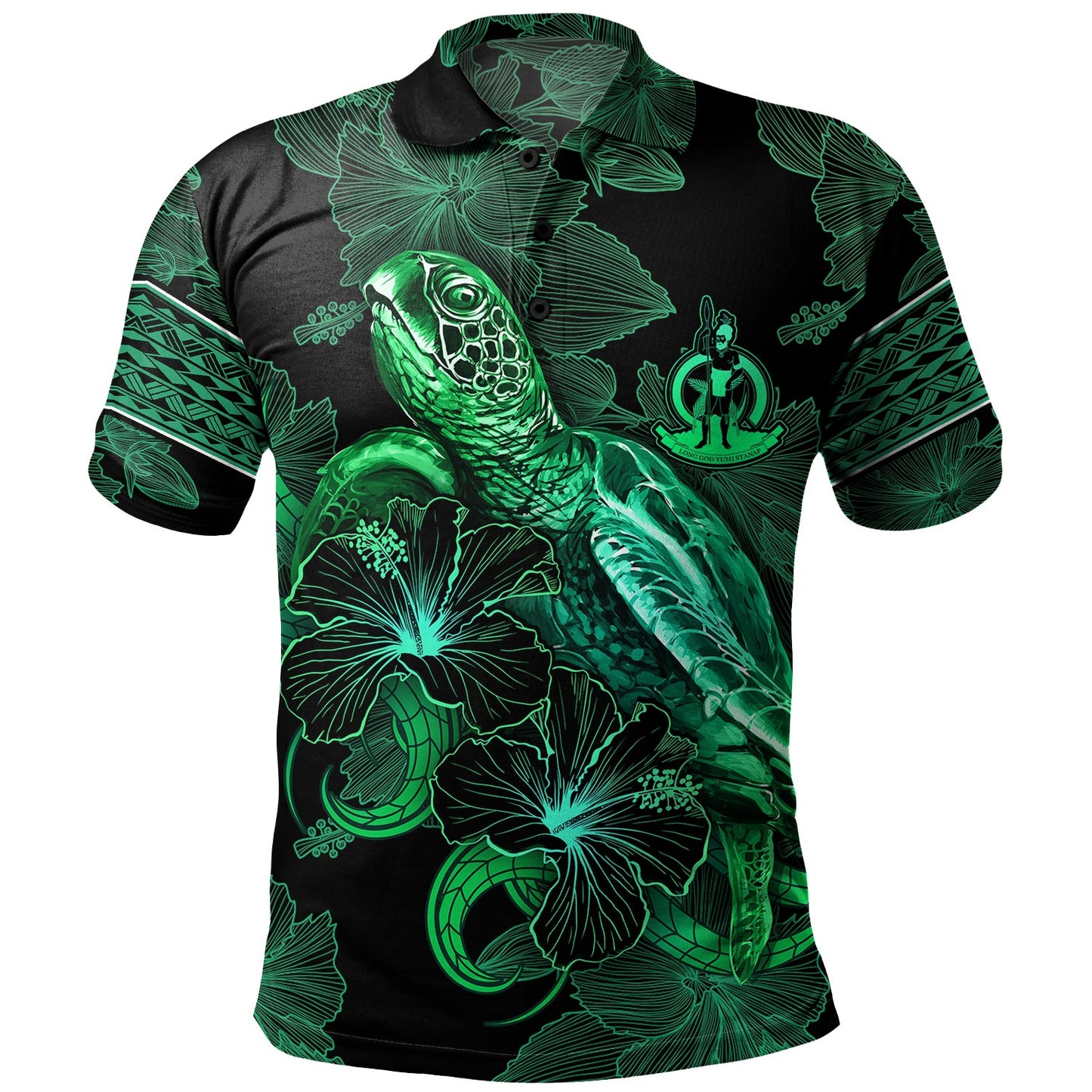 Vanuatu Polo Shirt  Sea Turtle With Blooming Hibiscus Flowers Tribal Green