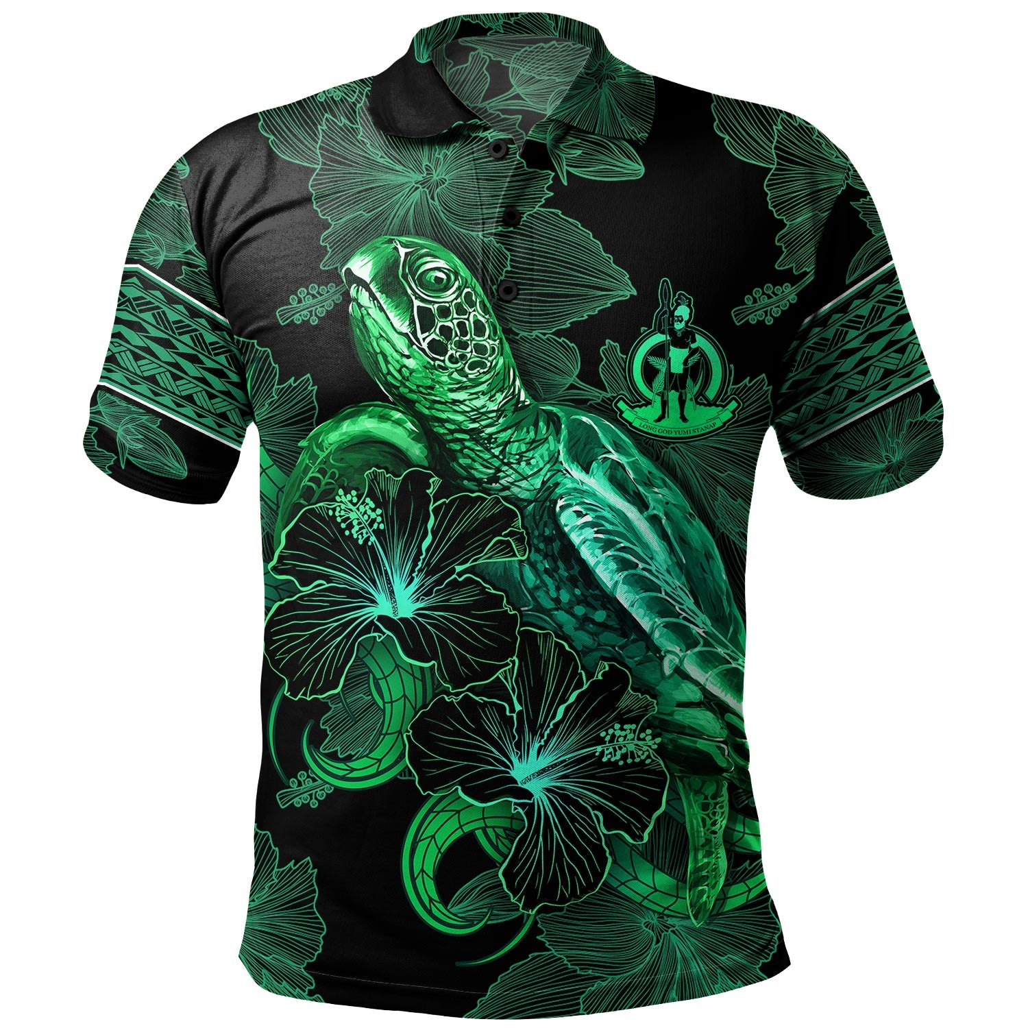 Vanuatu Polo Shirt  Sea Turtle With Blooming Hibiscus Flowers Tribal Green