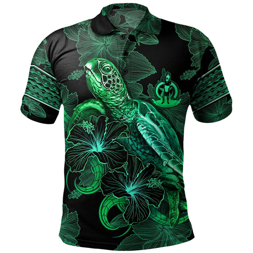 Vanuatu Polo Shirt  Sea Turtle With Blooming Hibiscus Flowers Tribal Green