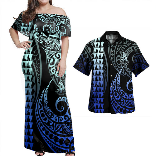 Vanuatu Combo Dress And Shirt Coat Of Arms Kakau Style Gradient Blue