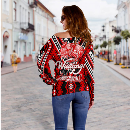 New Zealand Off Shoulder Sweatshirt Waitangi Day Kiwi Bird Pattern Fabric