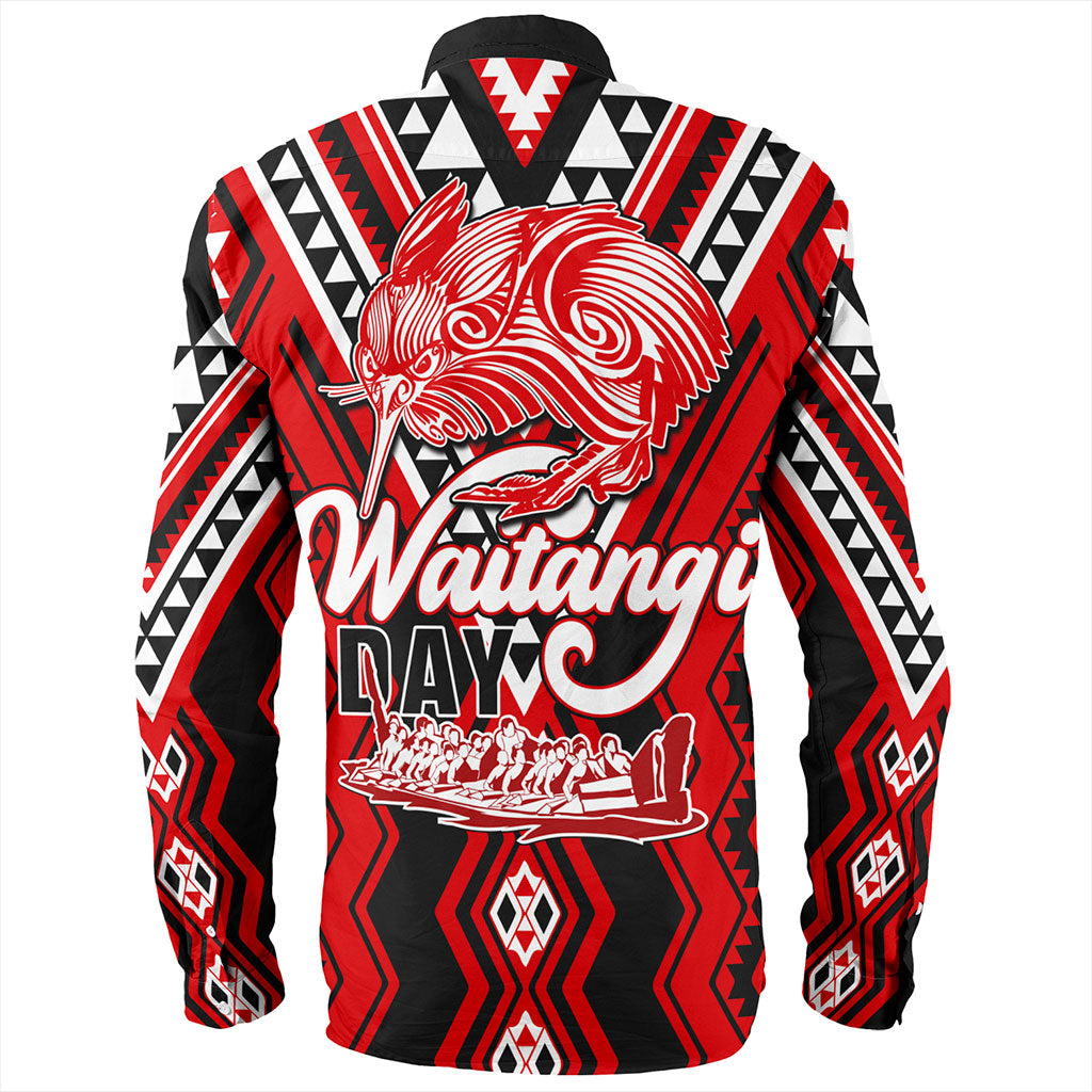 New Zealand Long Sleeve Shirt Waitangi Day Kiwi Bird Pattern Fabric