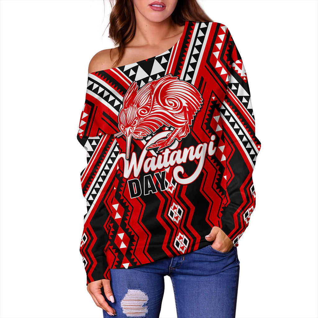 New Zealand Off Shoulder Sweatshirt Waitangi Day Kiwi Bird Pattern Fabric