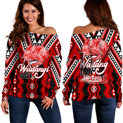 New Zealand Off Shoulder Sweatshirt Waitangi Day Kiwi Bird Pattern Fabric