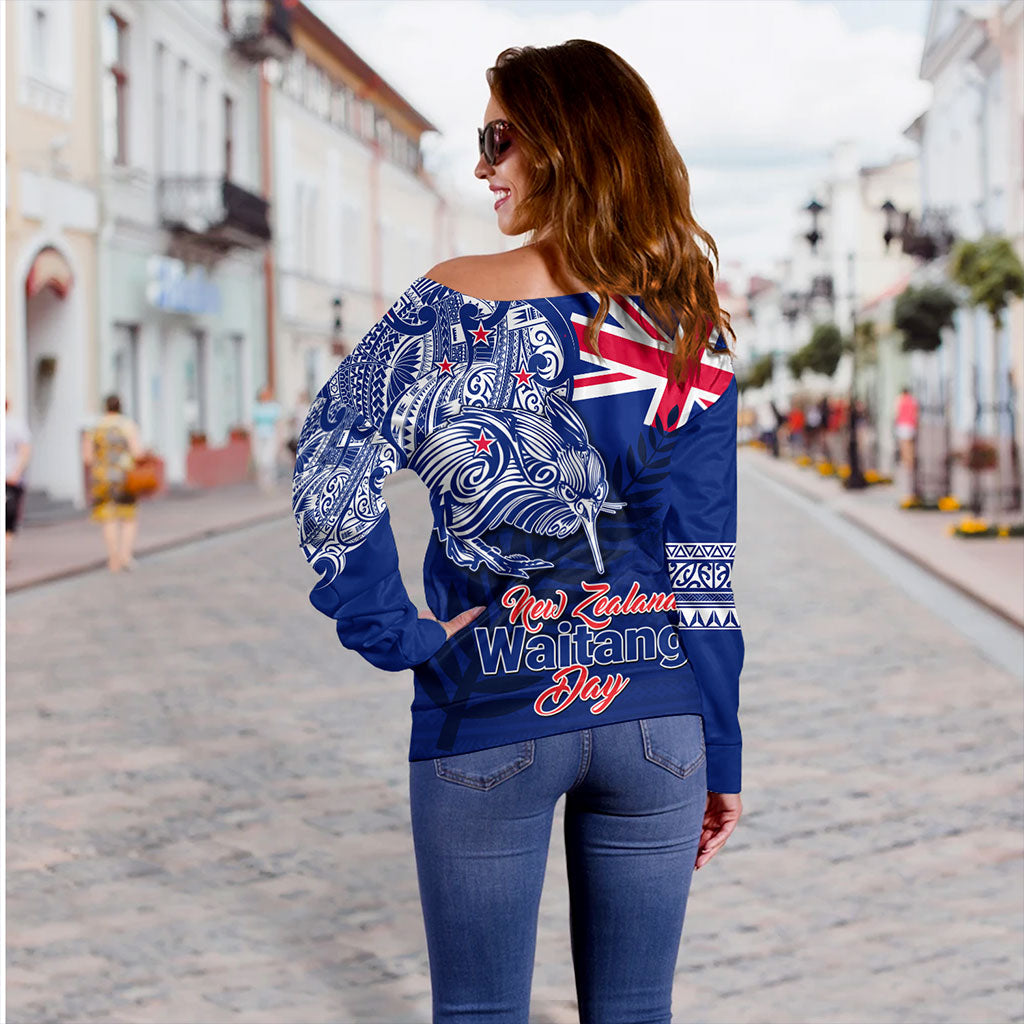 New Zealand Off Shoulder Sweatshirt Waitangi Day Maori Tribal Flag With Symbol National