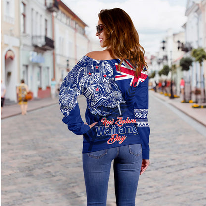 New Zealand Off Shoulder Sweatshirt Waitangi Day Maori Tribal Flag With Symbol National