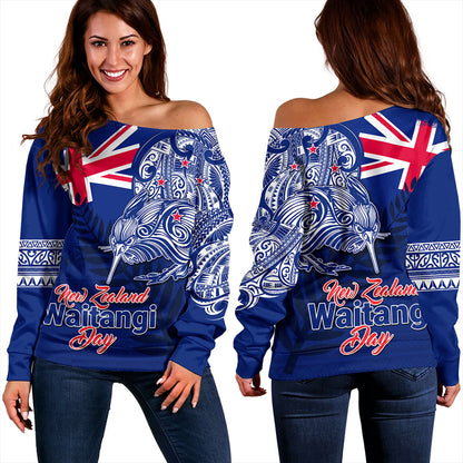 New Zealand Off Shoulder Sweatshirt Waitangi Day Maori Tribal Flag With Symbol National