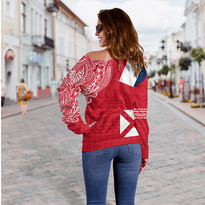 Wallis And Futuna Off Shoulder Sweatshirt Polynesian Flag With Coat Of Arms