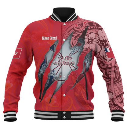 Wallis And Futuna Baseball Jacket Custom Wallisian Futunan Blood Inside Me Polynesian Sleeve Tattoo Tropical Red